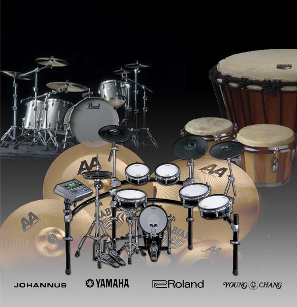 Drum kit selection at Millbank Music — Pearl, Yamaha, Roland, Sabian, Paiste, Zildjian, Gibraltar